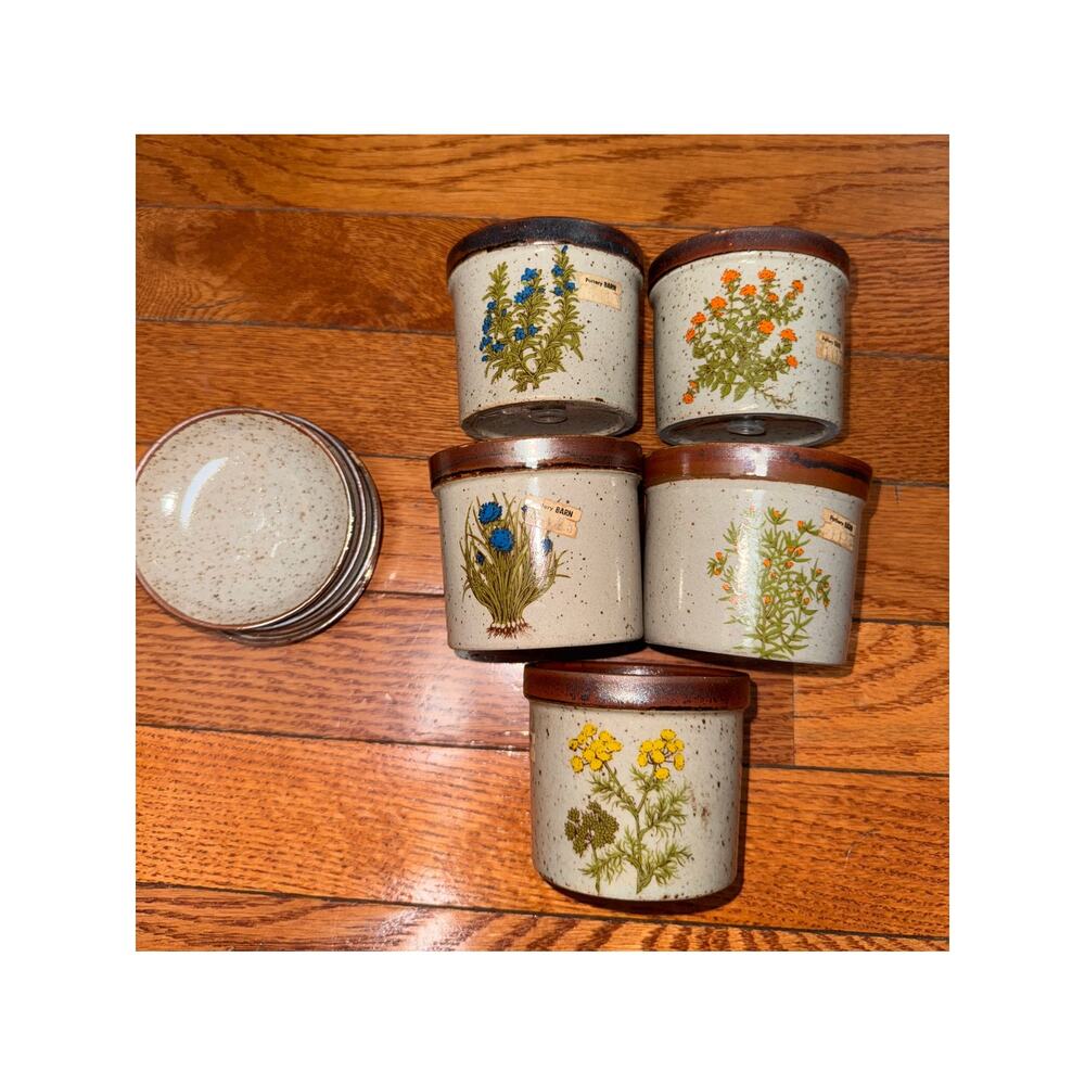 VINTAGE Takahashi Pottery Barn Tiny Flower Pots Saucer Stoneware Set of 5 VTG